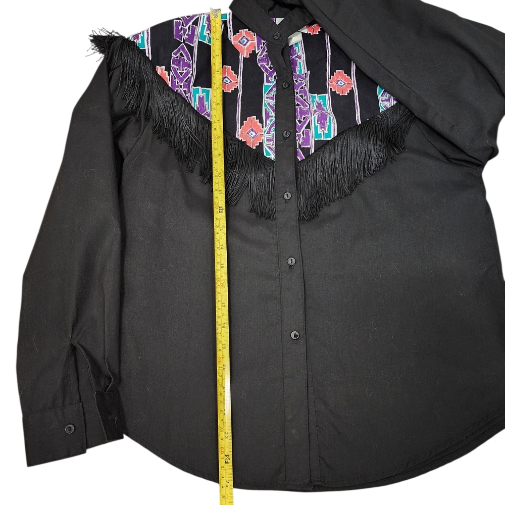 VINTAGE 80s Fringe Button Down Shirt Western Aztec Rodeo Cowboy Cutout - Picture 6 of 10